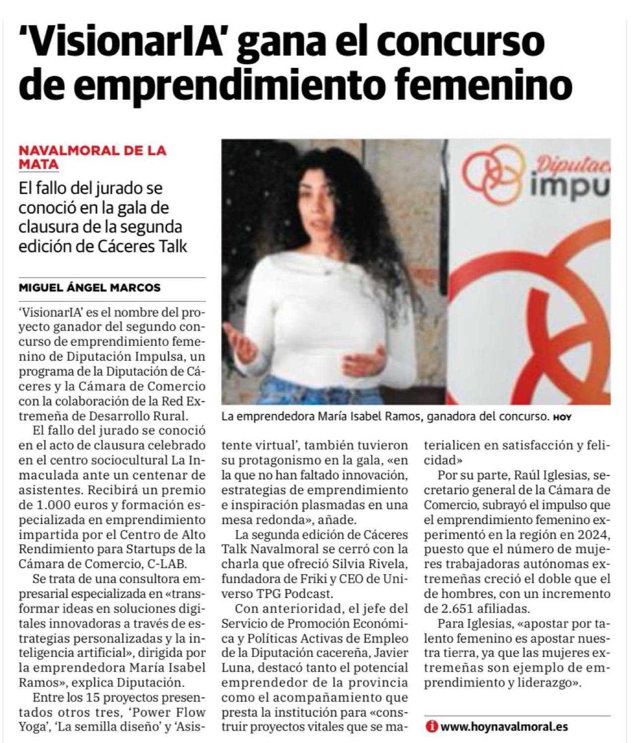 Recorte del diario HOY con el titular «VisionarIA gana el concurso de emprendimiento femenino».